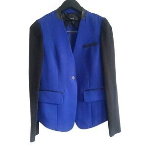 Cut25 By Yigal  Blazer Women's  4 Navy  Black Leather Trim  Knit Sleeves